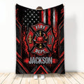 Firefighter throw blanket with red and black fire department emblem, helmet, hydrant, ladder, and American flag design
