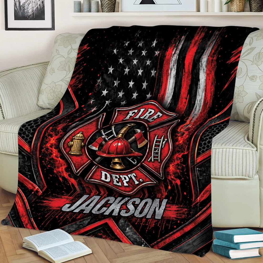 Close lifestyle view of a firefighter throw blanket featuring a Maltese cross emblem, helmet, axes, and ladder