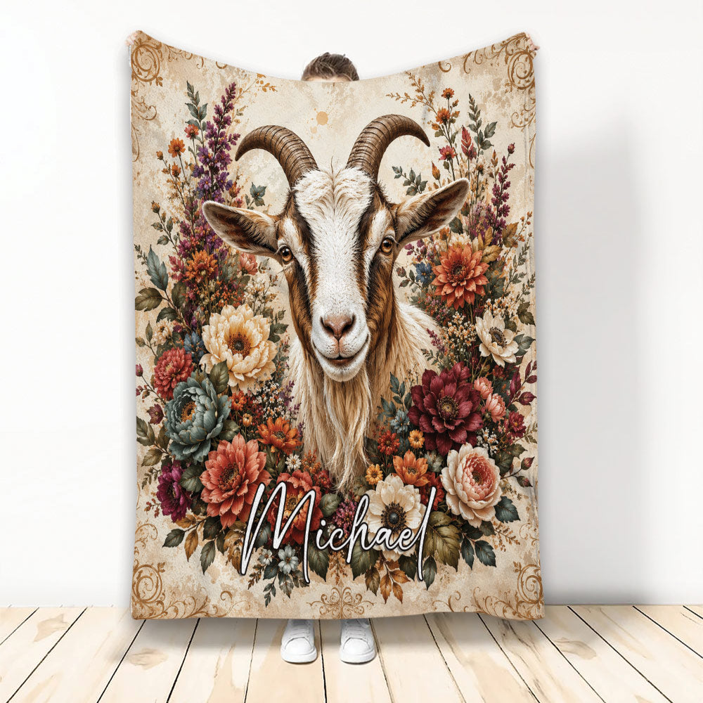 Goat throw blanket featuring a detailed horned goat surrounded by colorful vintage floral artwork
