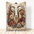 Goat throw blanket featuring a detailed horned goat surrounded by colorful vintage floral artwork
