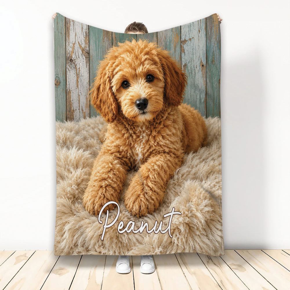 Labradoodle throw blanket featuring a curly golden dog on a rustic wood backdrop