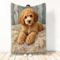 Labradoodle throw blanket featuring a curly golden dog on a rustic wood backdrop