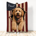 Labradoodle blanket with a patriotic American flag backdrop and a curly-coated dog emerging through the design
