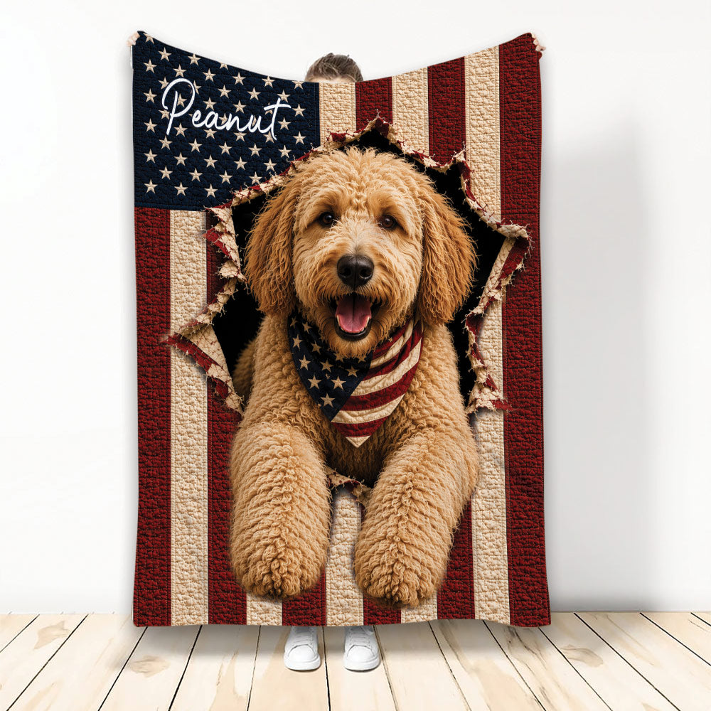 Labradoodle blanket with a patriotic American flag backdrop and a curly-coated dog emerging through the design