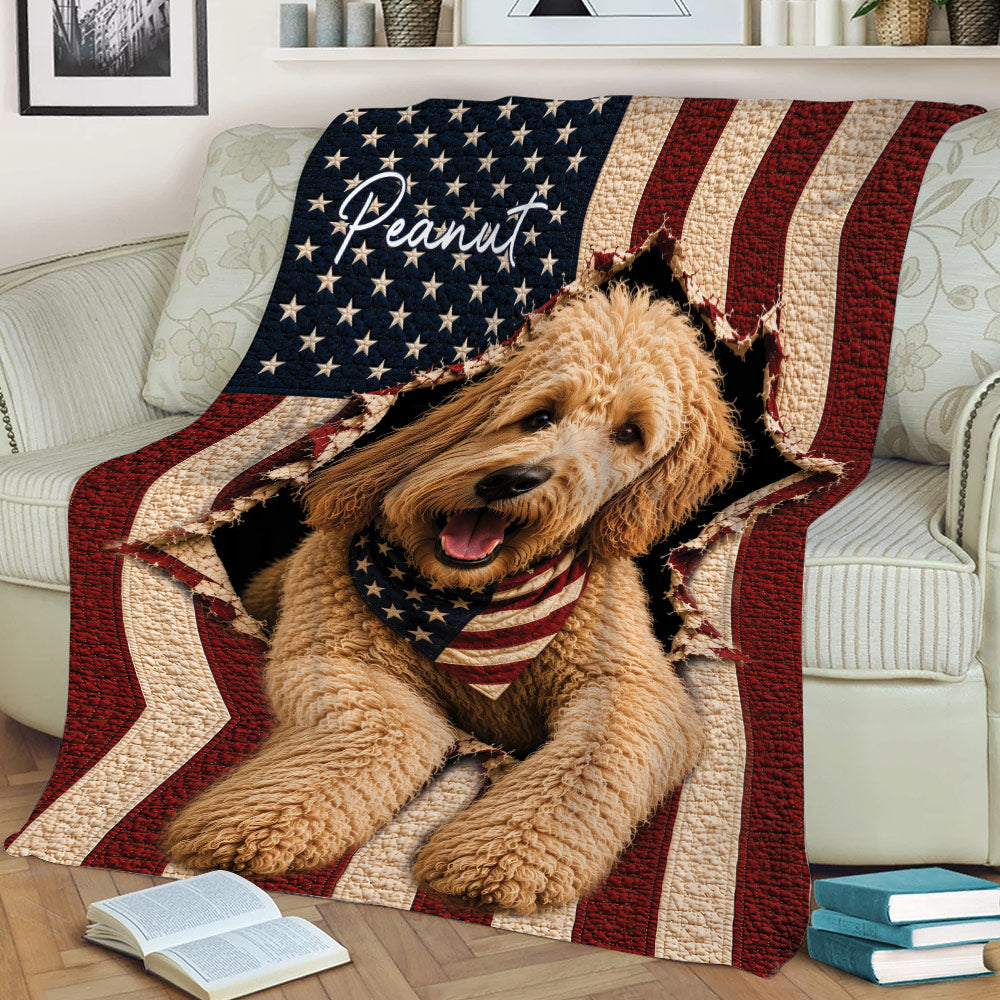 Patriotic Labradoodle throw blanket draped over a sofa, featuring a curly dog and American flag design