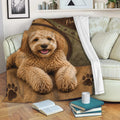 Labradoodle throw blanket draped across a sofa with a cozy dog-themed design