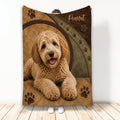 Labradoodle throw blanket featuring a curly-coated dog, paw prints, and rustic brown artwork