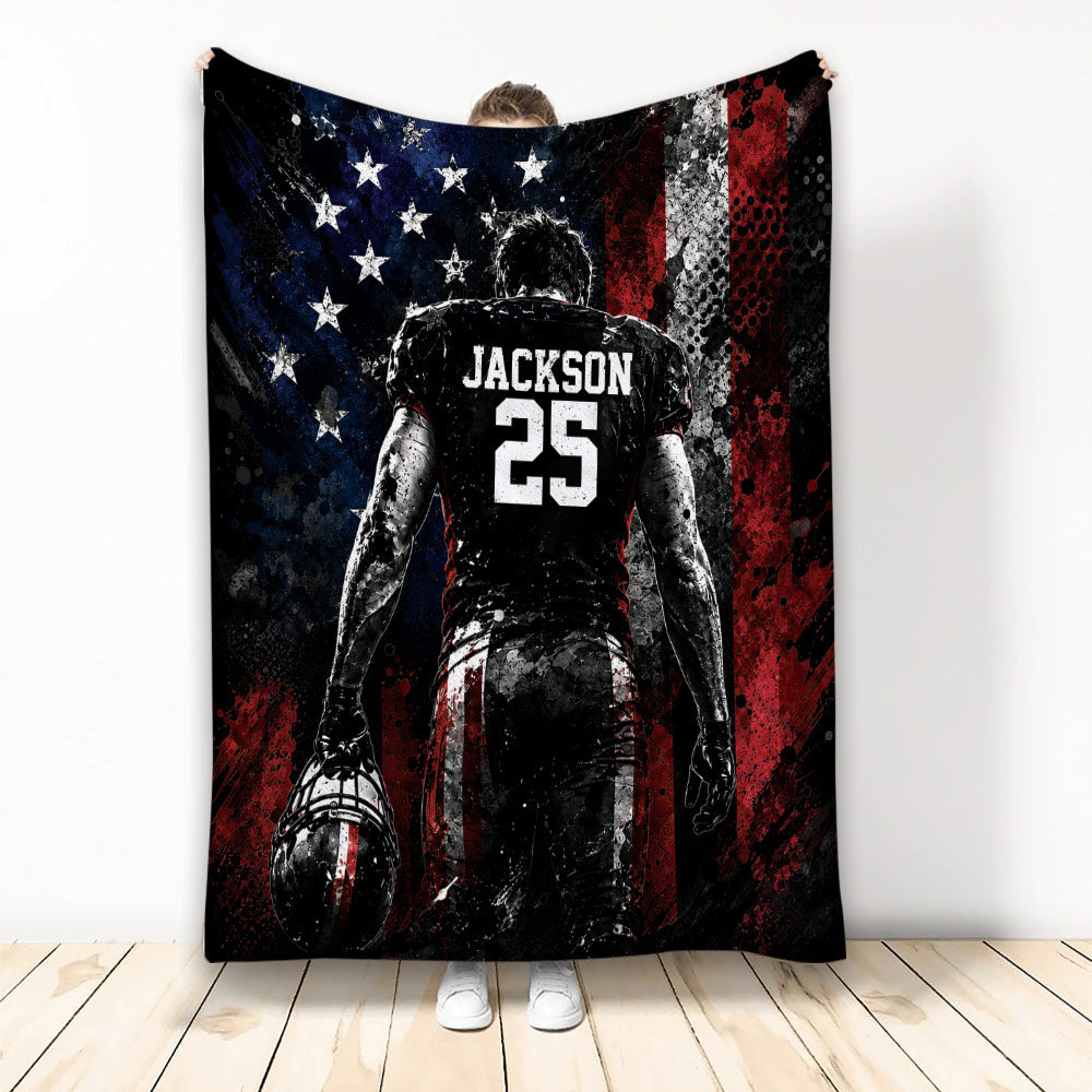 American football player holding a football against distressed red, white, and blue flag artwork