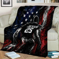 American football player and patriotic flag artwork draped across a living room sofa