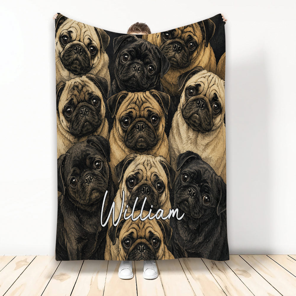 Custom pug throw blanket featuring a repeating pattern of tan and black pug faces