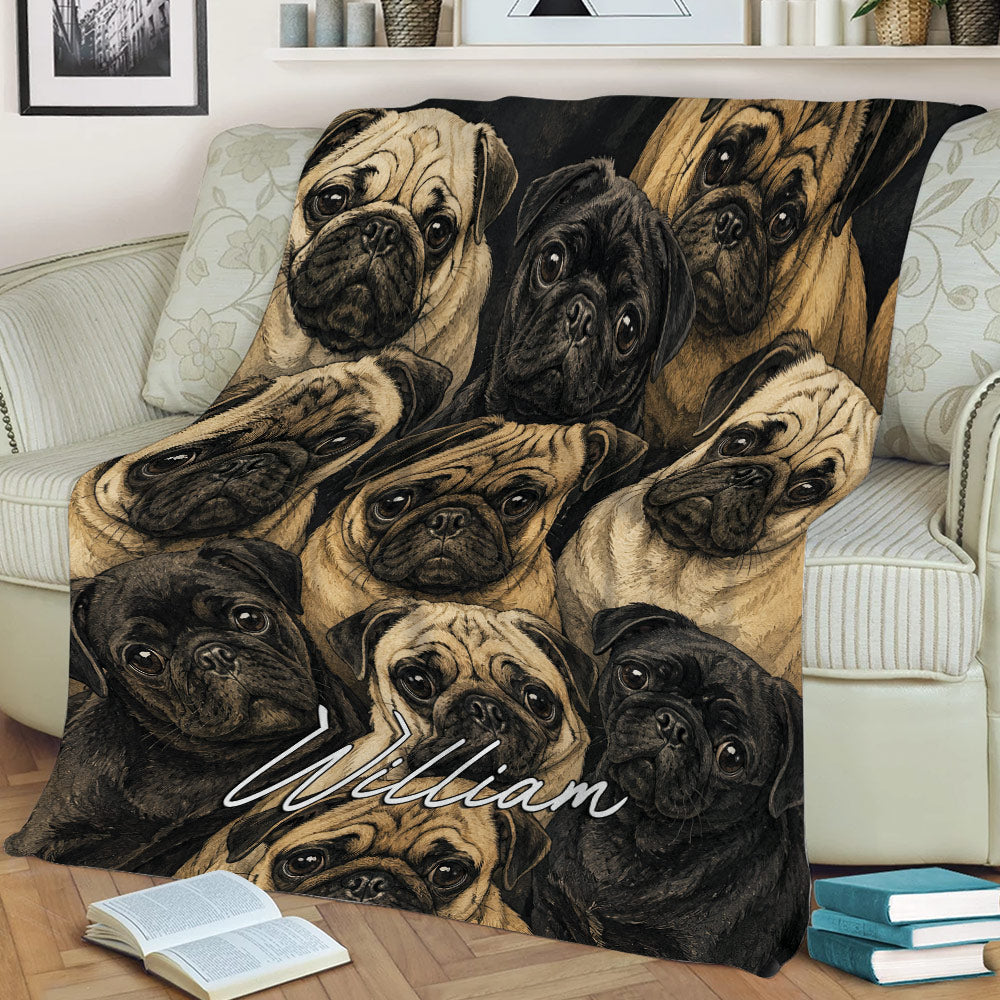 Close lifestyle view of a pug blanket draped across a sofa with detailed dog artwork