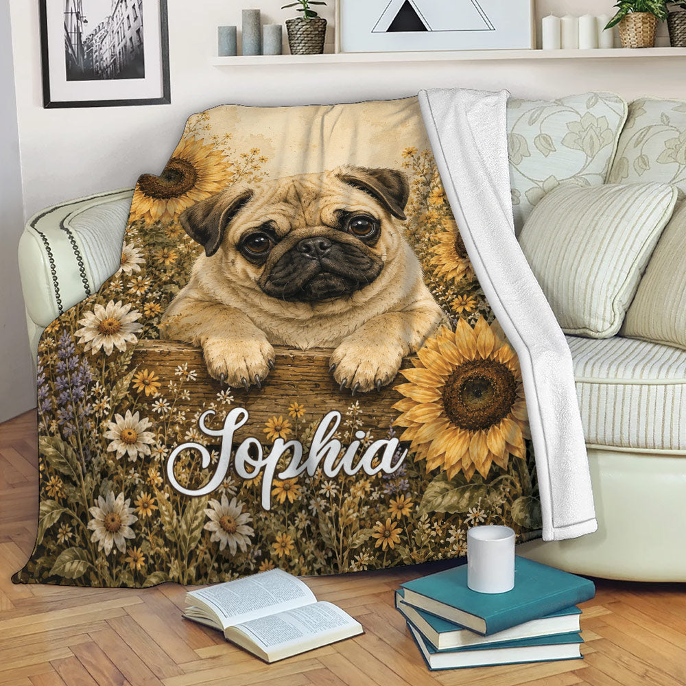 Pug blanket draped over a sofa with sunflower and wildflower artwork in a cozy living room setting