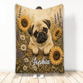Pug throw blanket featuring a realistic dog surrounded by sunflowers, wildflowers, and warm rustic floral artwork