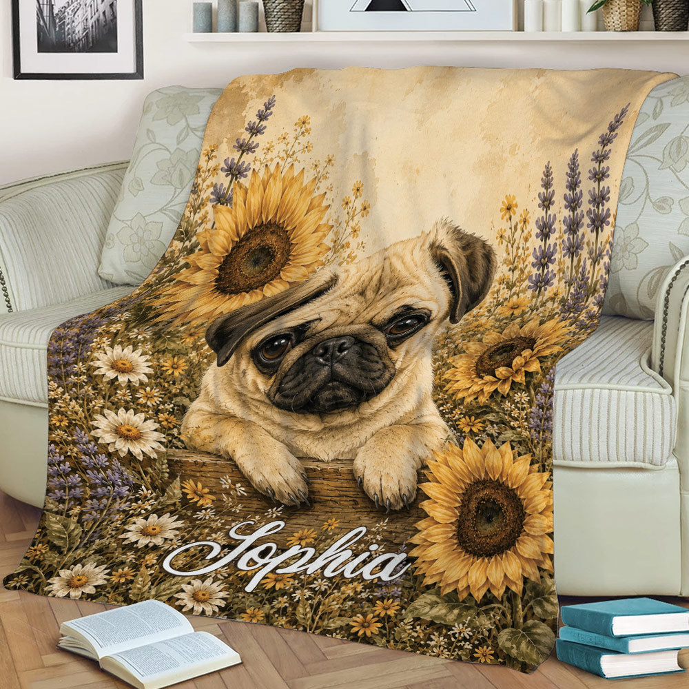 Decorative pug throw blanket displayed on a sofa with a sunflower meadow design and warm botanical colors