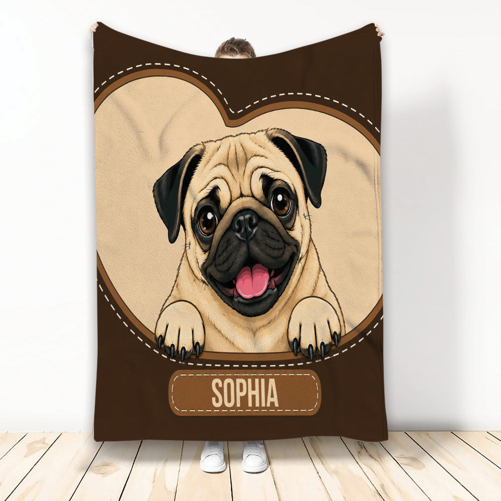 Pug throw blanket with a cheerful fawn-colored pug illustration in a brown stitched border