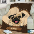 Cozy sofa blanket with a close-up illustrated pug and brown decorative stitched border