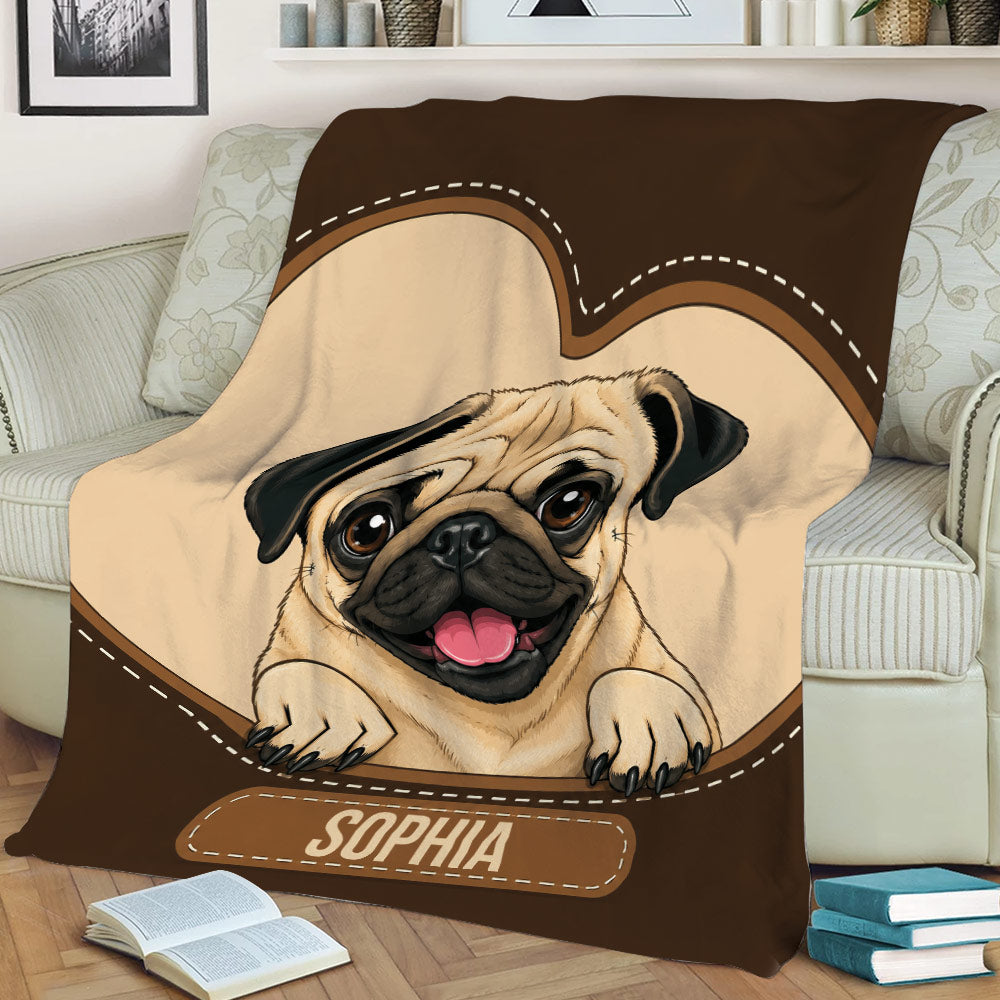 Cozy sofa blanket with a close-up illustrated pug and brown decorative stitched border