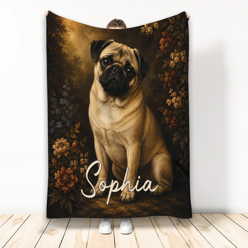 Pug throw blanket displayed with vintage floral artwork in warm brown and gold tones
