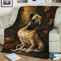 Cozy sofa styled with a pug throw blanket featuring dark floral artwork