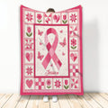 Pink breast cancer awareness ribbon blanket with butterflies, flowers, hearts, and patchwork border