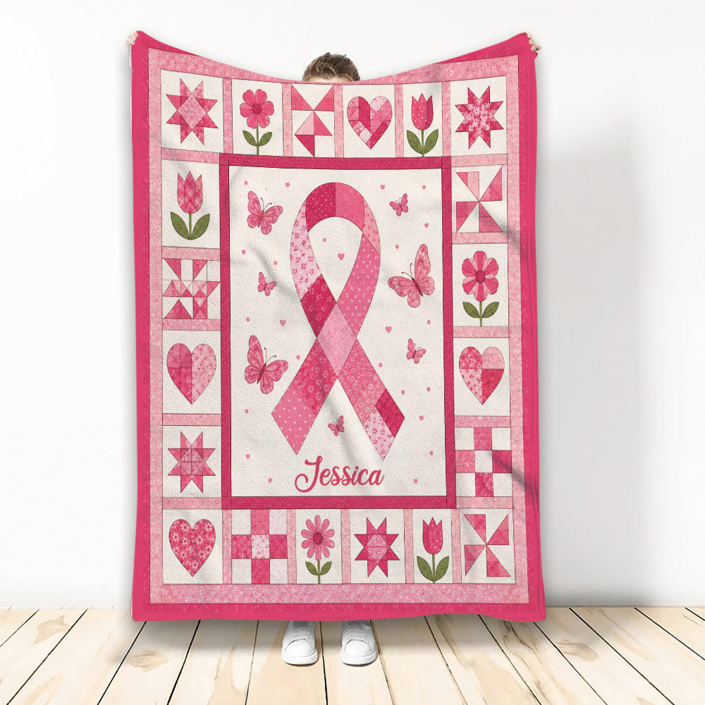 Pink breast cancer awareness ribbon blanket with butterflies, flowers, hearts, and patchwork border
