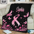 Breast cancer support blanket with pink ribbon, butterfly, heart, and floral artwork