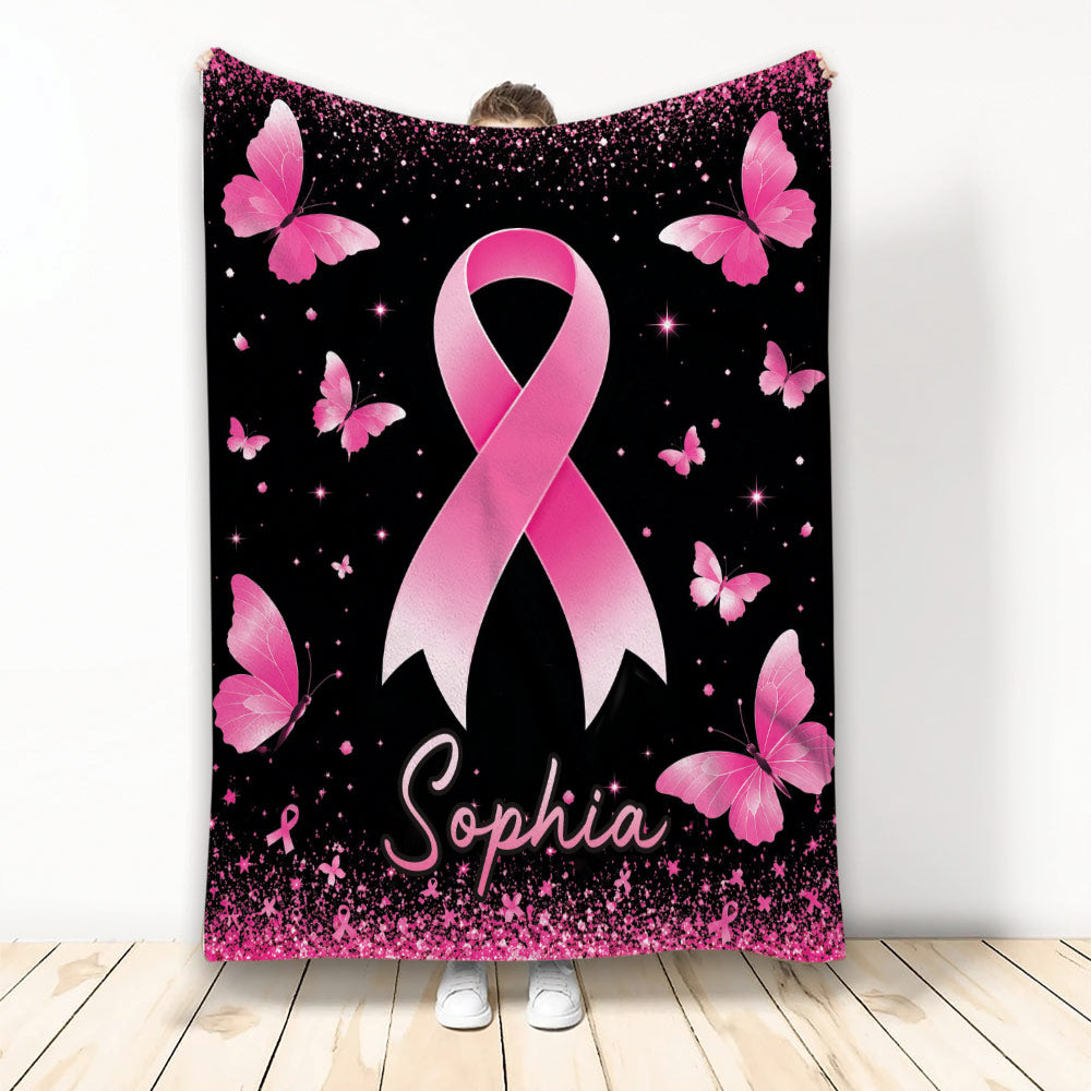 Pink breast cancer awareness ribbon blanket with butterflies and sparkling pink artwork
