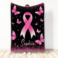 Pink breast cancer awareness ribbon blanket with butterflies and sparkling pink artwork