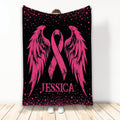 Breast cancer awareness throw blanket with pink ribbon wings and heart pattern on a black background