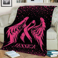 Breast cancer awareness blanket with large pink ribbon wings and heart-speckled black artwork