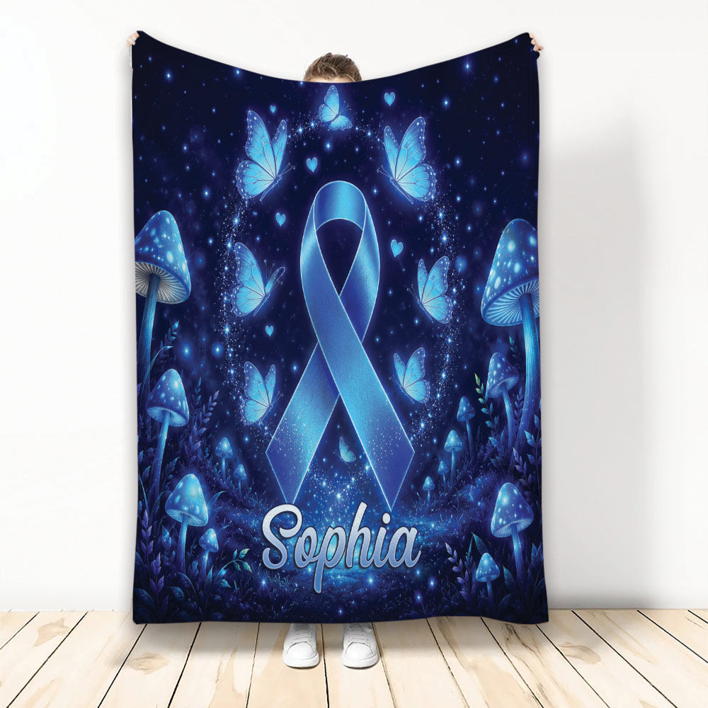 Custom diabetes awareness blanket with a blue ribbon, butterflies, glowing mushrooms, and deep blue artwork