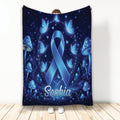 Custom diabetes awareness blanket with a blue ribbon, butterflies, glowing mushrooms, and deep blue artwork