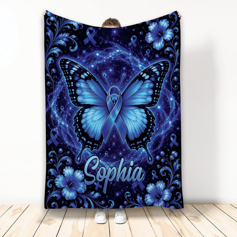Blue butterfly diabetes awareness blanket with blue ribbons, floral accents, and cosmic artwork