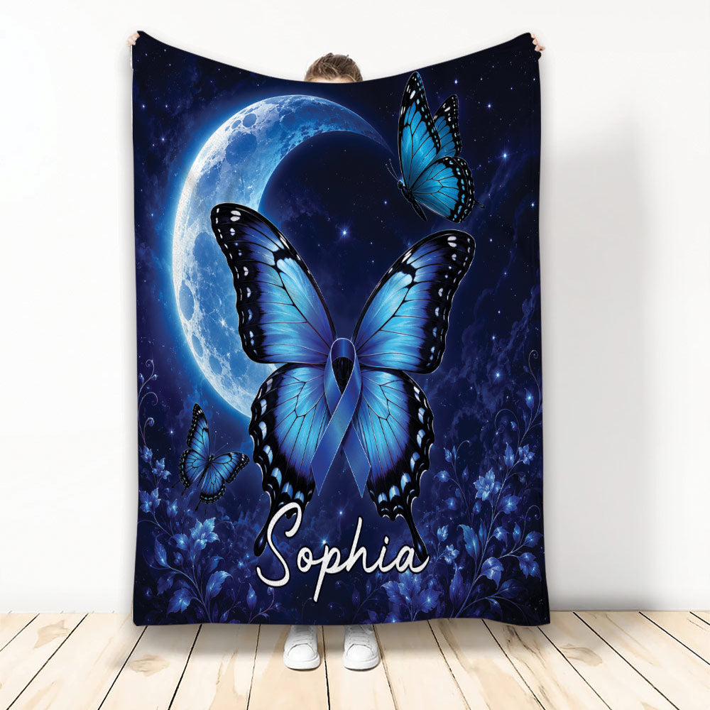Diabetes awareness blanket with blue butterflies, blue ribbon, moonlit sky, and floral artwork