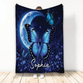 Diabetes awareness blanket with blue butterflies, blue ribbon, moonlit sky, and floral artwork
