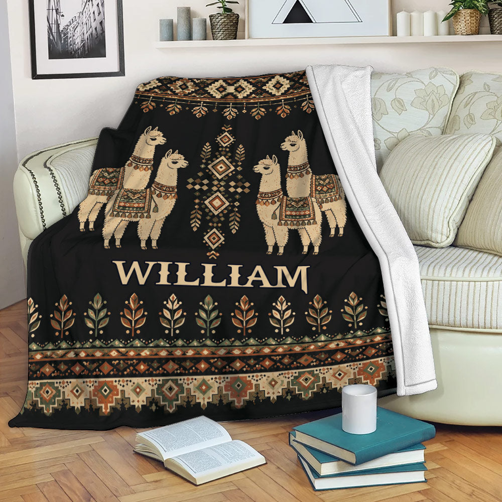 Alpaca throw blanket styled over a sofa with Southwestern patterns and earthy botanical accents