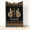 Black alpaca throw blanket with Southwestern geometric borders and decorative alpaca artwork