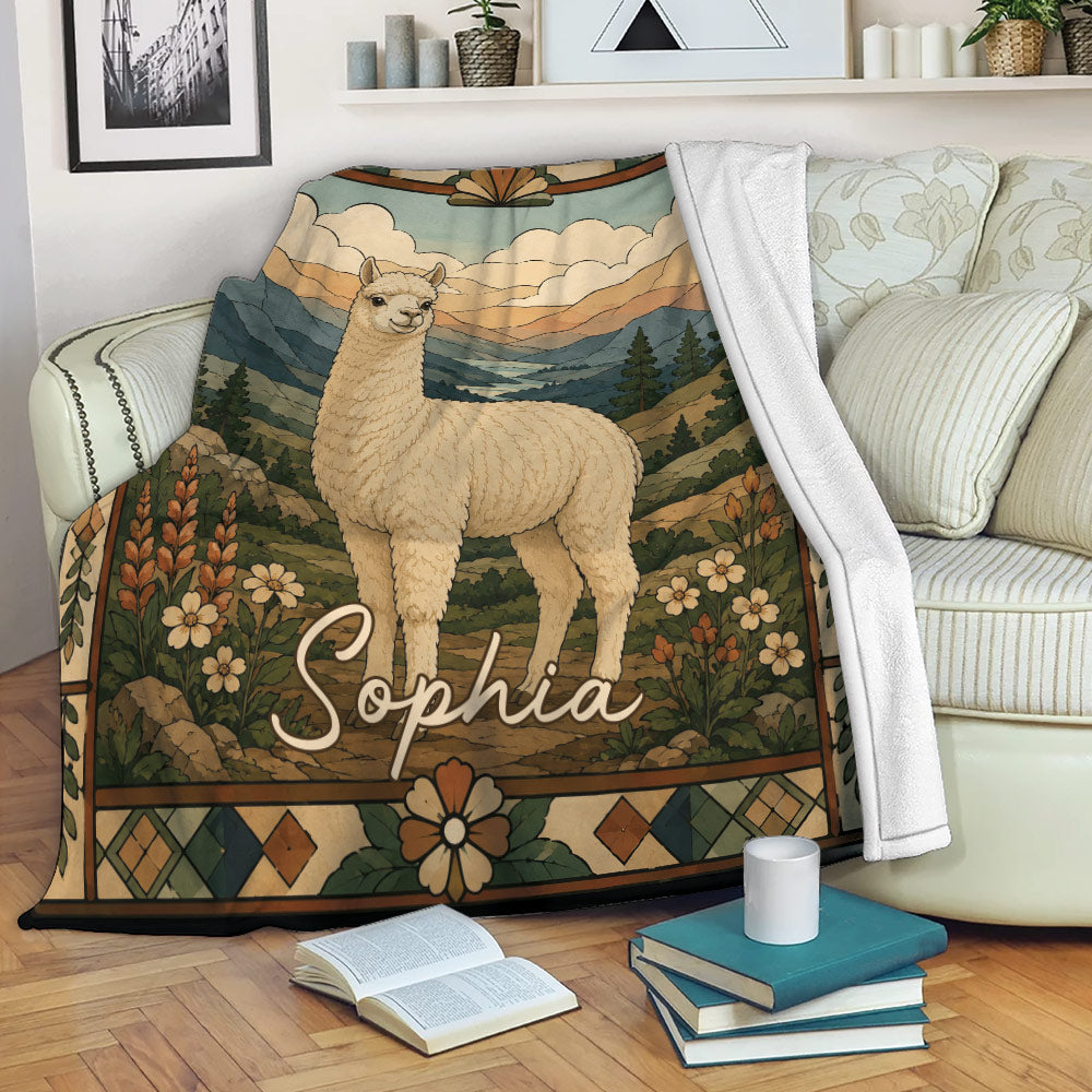 Alpaca blanket displayed on a sofa with mountain scenery, forest flowers, and warm rustic artwork