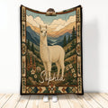 Alpaca throw blanket with rustic mountain landscape, wildflowers, forest scenery, and decorative border