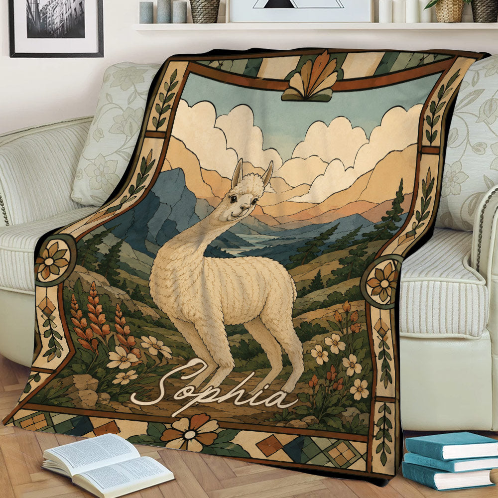 Close view of an alpaca throw blanket with illustrated mountains, pine trees, flowers, and vintage framing