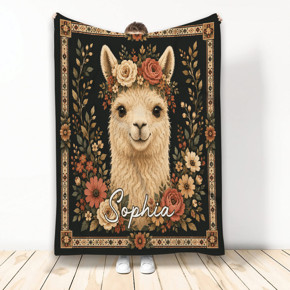 Floral alpaca throw blanket with a warm folk-art border and dark botanical background