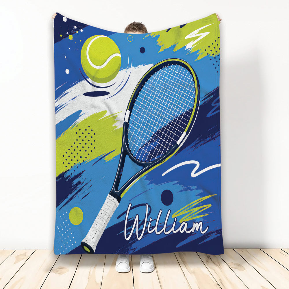 Tennis throw blanket with colorful racket and tennis ball artwork