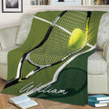 Tennis throw blanket displayed on a sofa with close-up racket, ball, net, and court artwork
