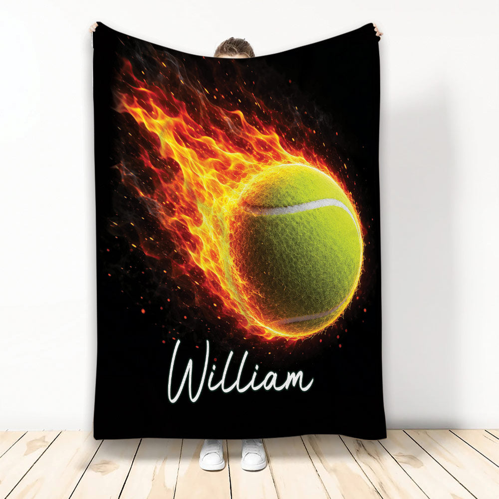 Tennis throw blanket featuring a fiery tennis ball against a dramatic black background