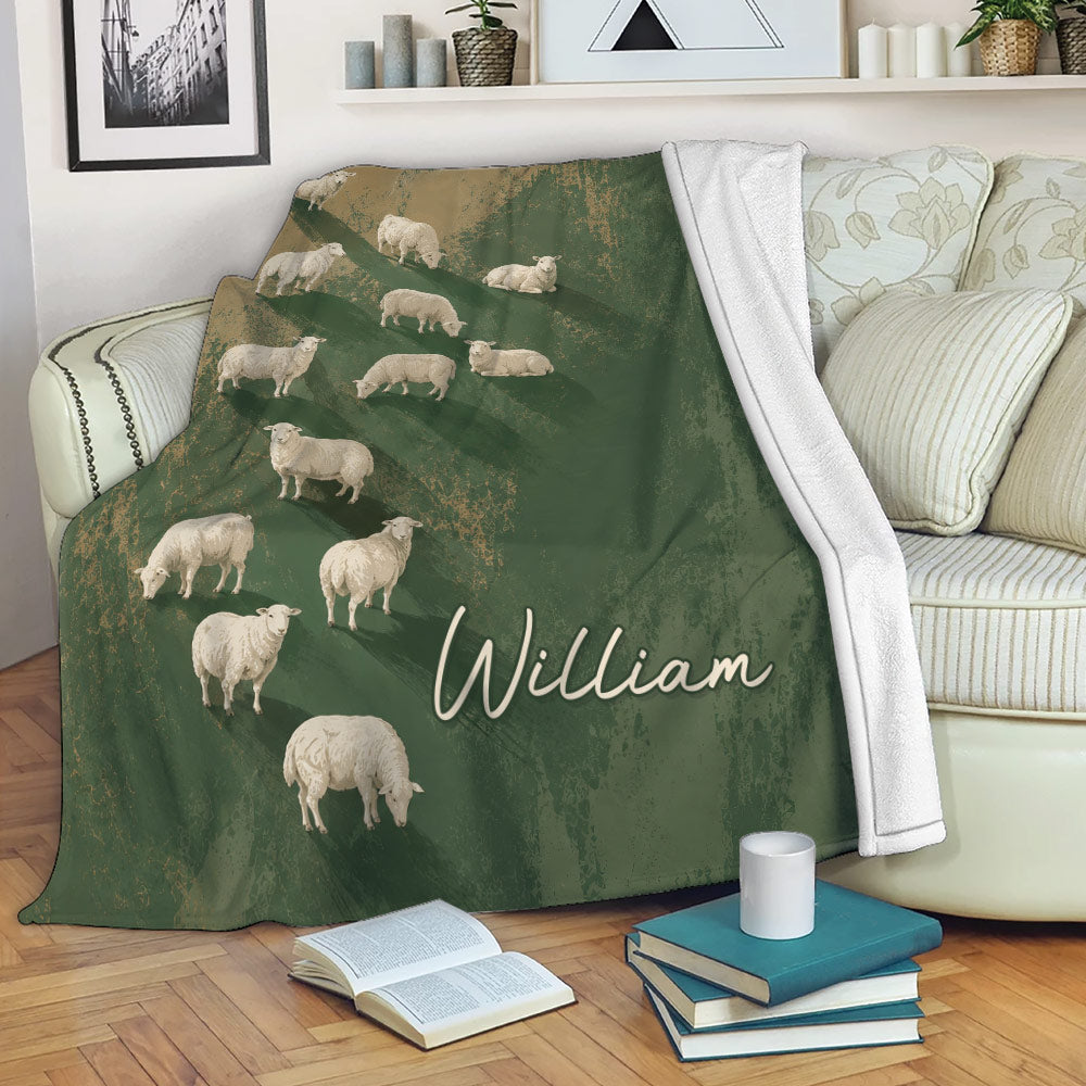 Sheep throw blanket draped over a sofa with rustic green artwork and cozy room decor