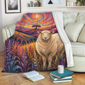 Sheep blanket draped over a sofa with vivid sunset mountains, wildflowers, and cozy living room styling
