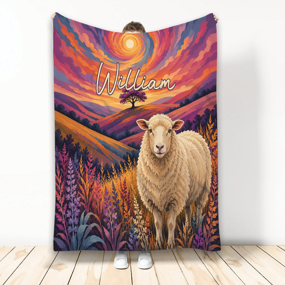 Sheep throw blanket featuring a colorful mountain sunset, wildflowers, and expressive farm animal artwork