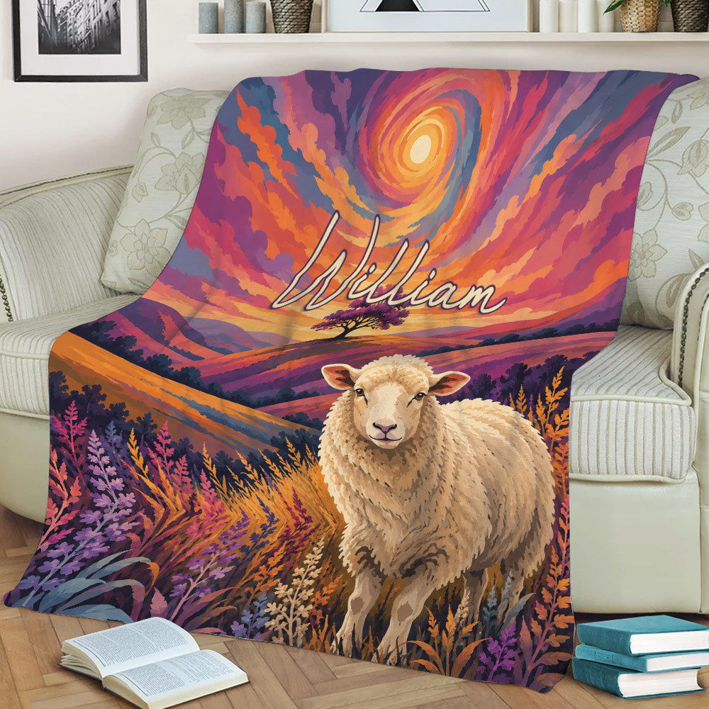Sheep throw blanket displayed on a couch with colorful landscape artwork and blooming meadow flowers