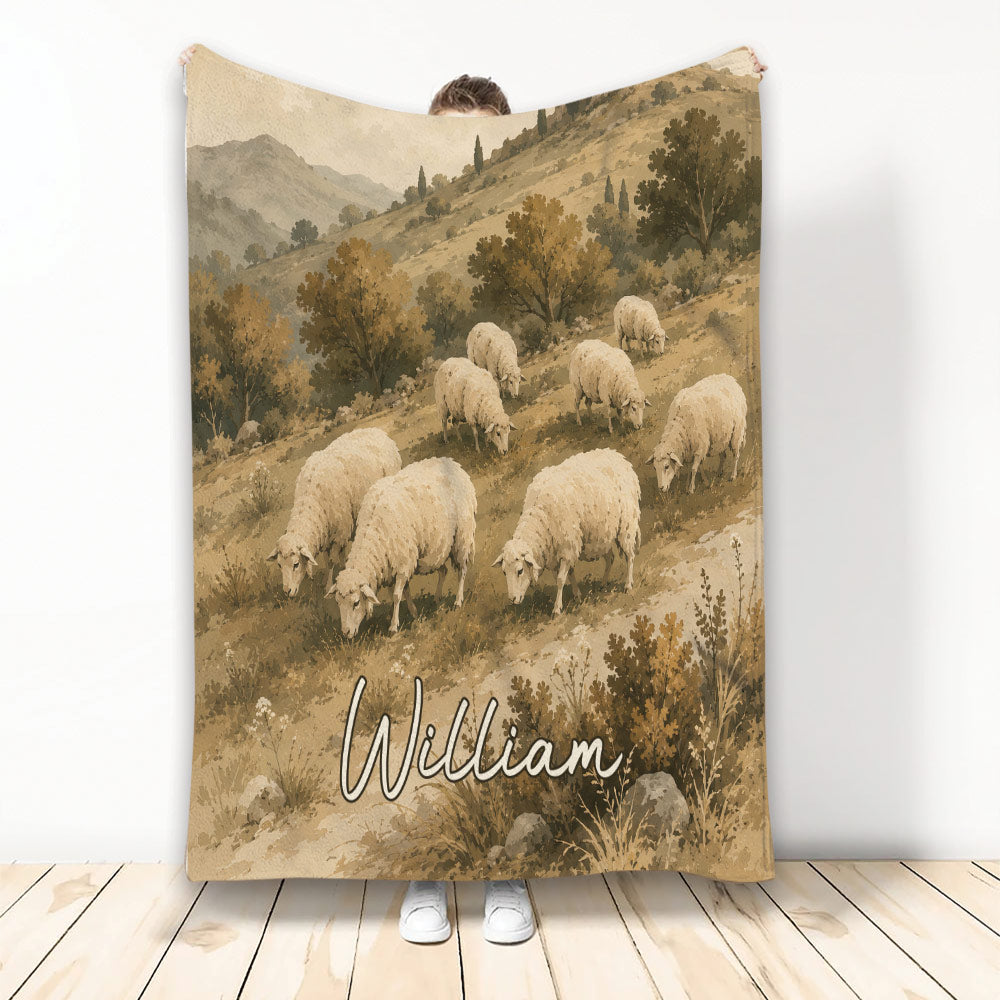 Custom sheep blanket featuring a vintage pastoral mountain landscape with grazing sheep