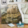 Sheep blanket draped over a sofa with scenic mountain artwork in a cozy living room